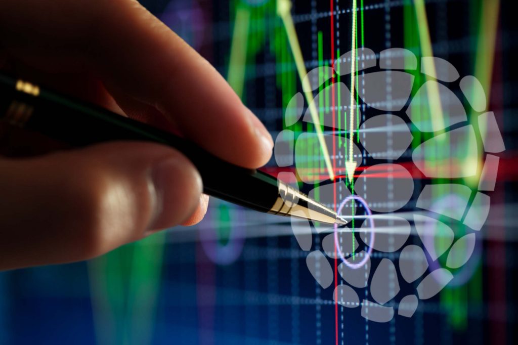 Сhart on computer monitor, market's climbing, hand and pen pointer